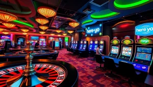 Experience thrilling gambling action at 여기여, with lively poker games and vibrant slot machines in focus.