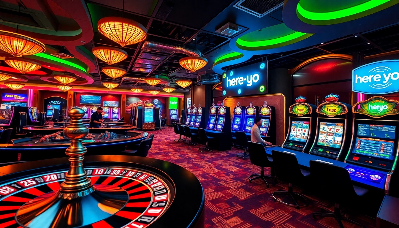 Experience thrilling gambling action at 여기여, with lively poker games and vibrant slot machines in focus.