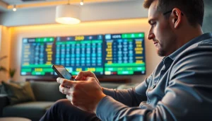 Engaged individual enjoying South Carolina sports betting on a smartphone in a vibrant setting.