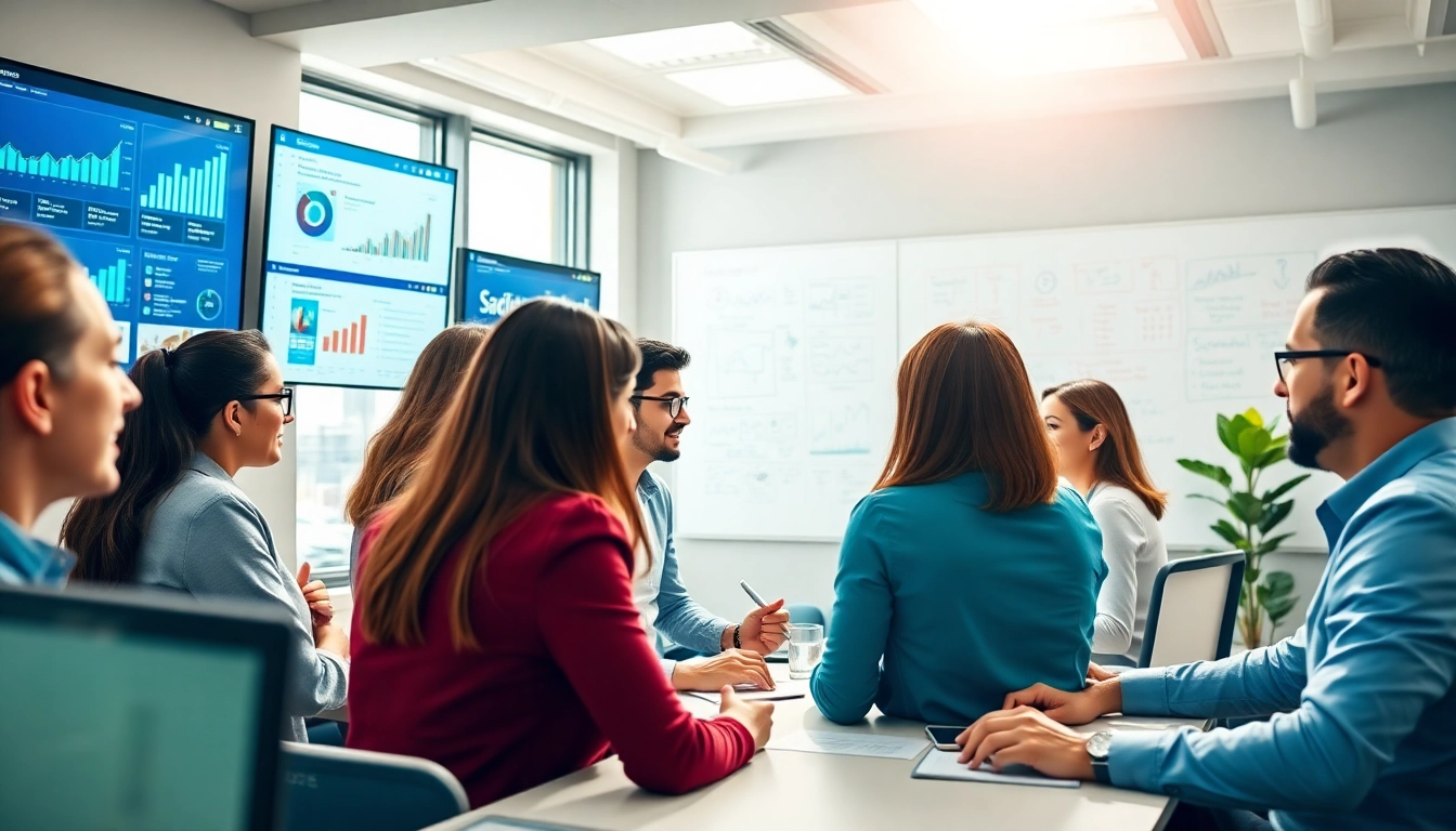 Engaged professionals in social media marketing collaborating on strategies and analytics.