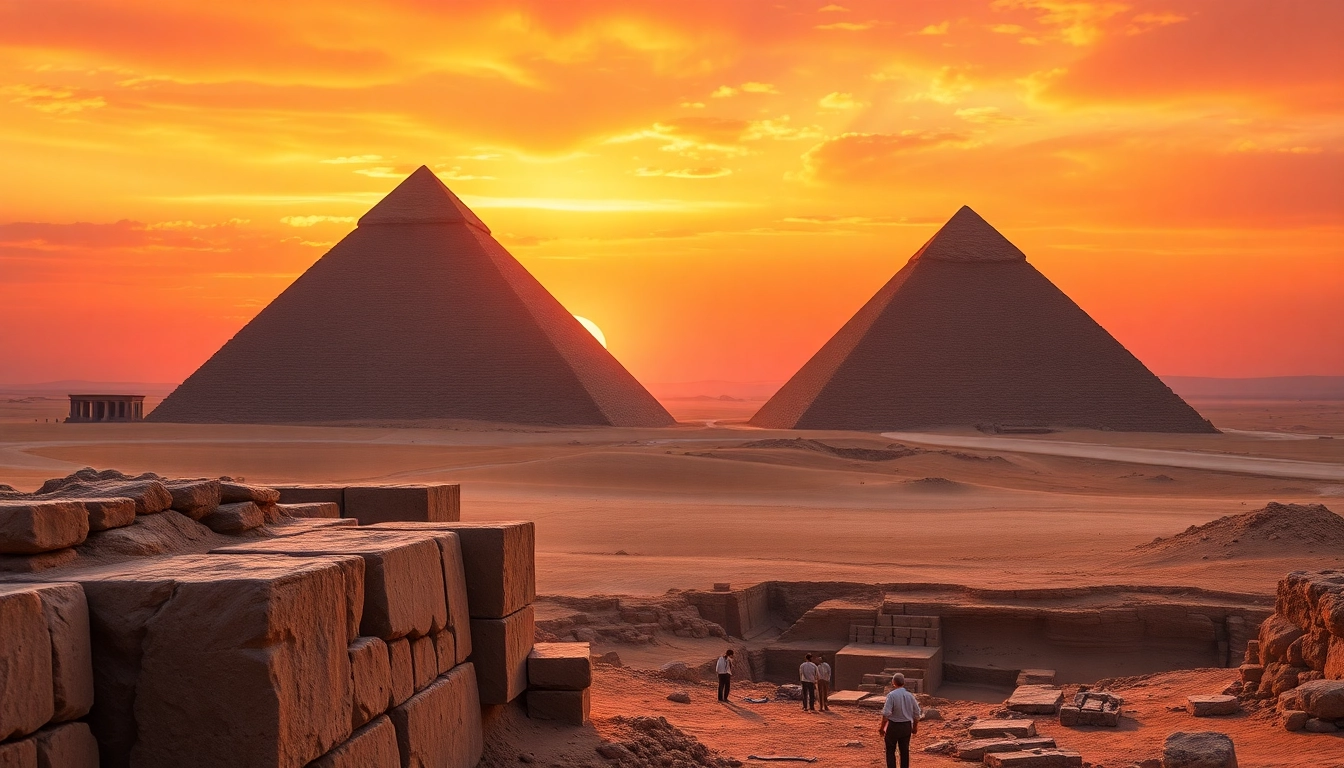 Researchers examining artifacts near ancient piraminds at sunset.