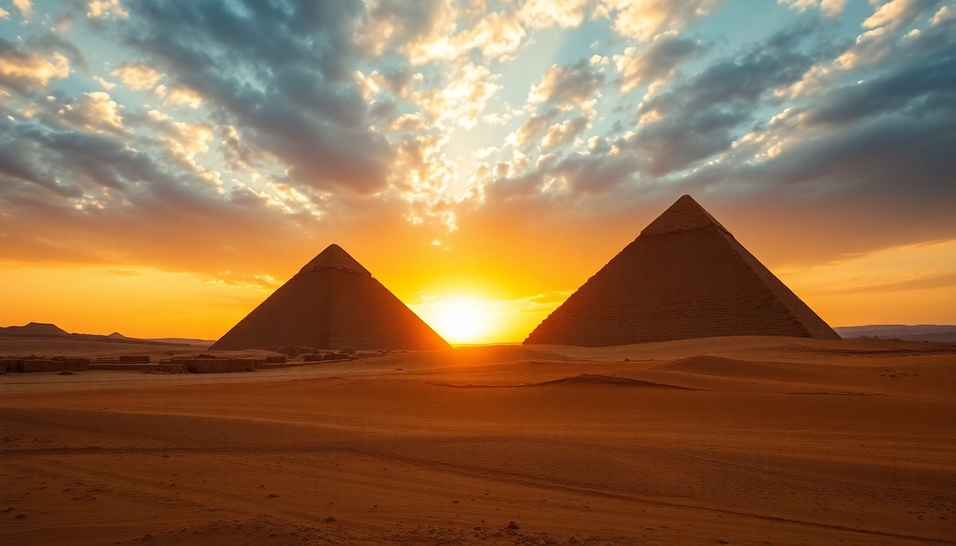 Pyraminds silhouetted against a sunset sky, revealing their ancient architectural majesty.