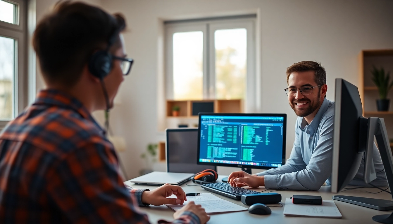 Providing Residential IT support in a modern home office with a technician assisting a customer.