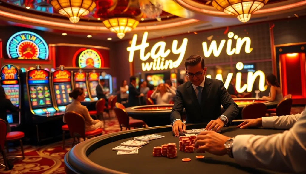 Experience high-stakes excitement with Hay win at a luxurious casino featuring vibrant slot machines and professional dealers.