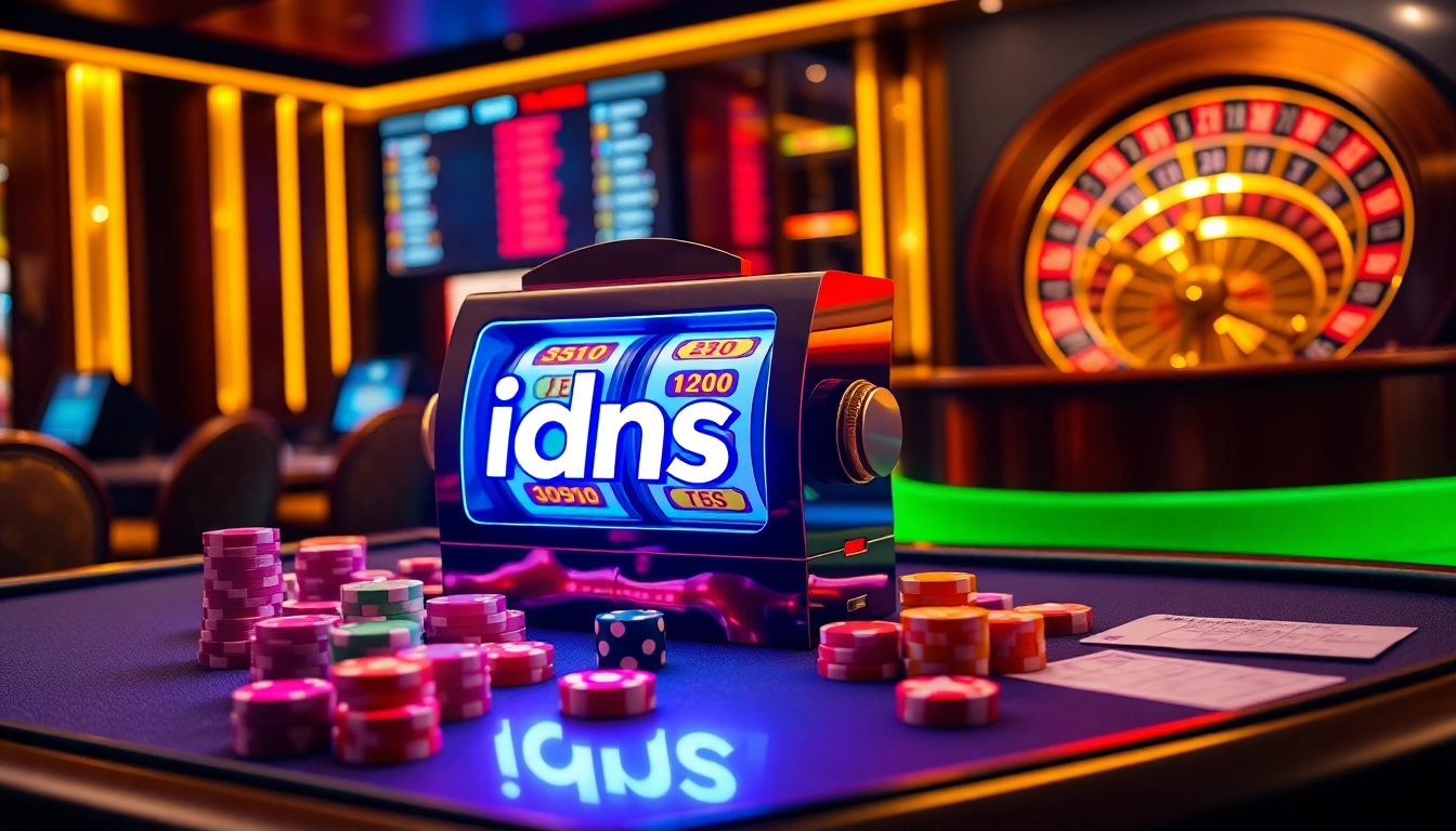 Engage with the vibrant Idnslot slot machine amid colorful poker chips and dynamic casino elements.