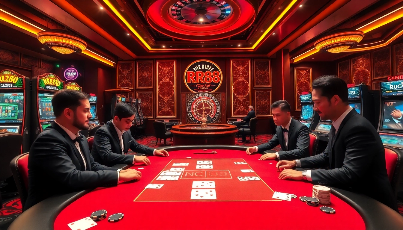 Experience the thrill of RR88 with a luxurious casino environment highlighting poker and slot machines.