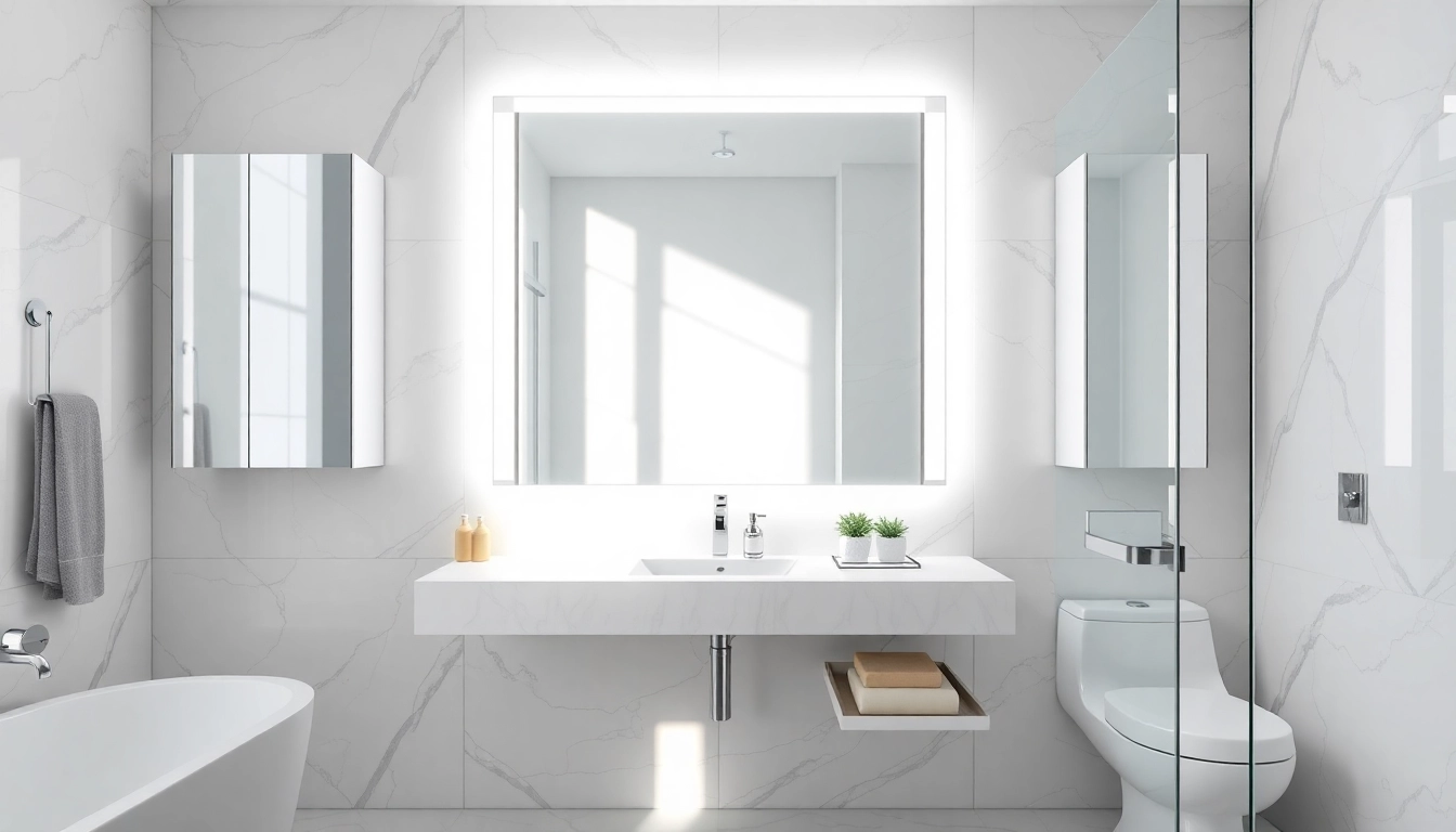 Enhance your space with a stylish mirror with lights, illuminating a modern bathroom design.