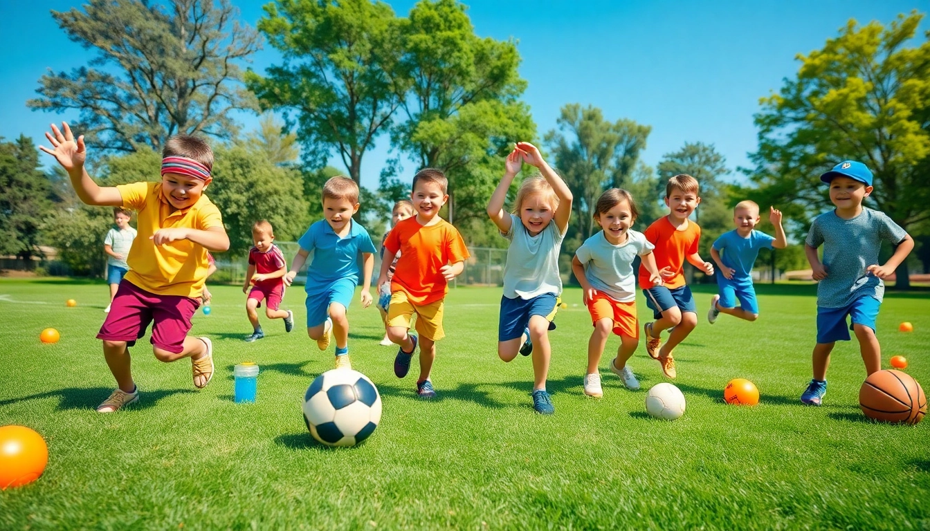 A dynamic scene of boys enjoying Multi Sports Camps for Boys with various sports activities under a bright sun.