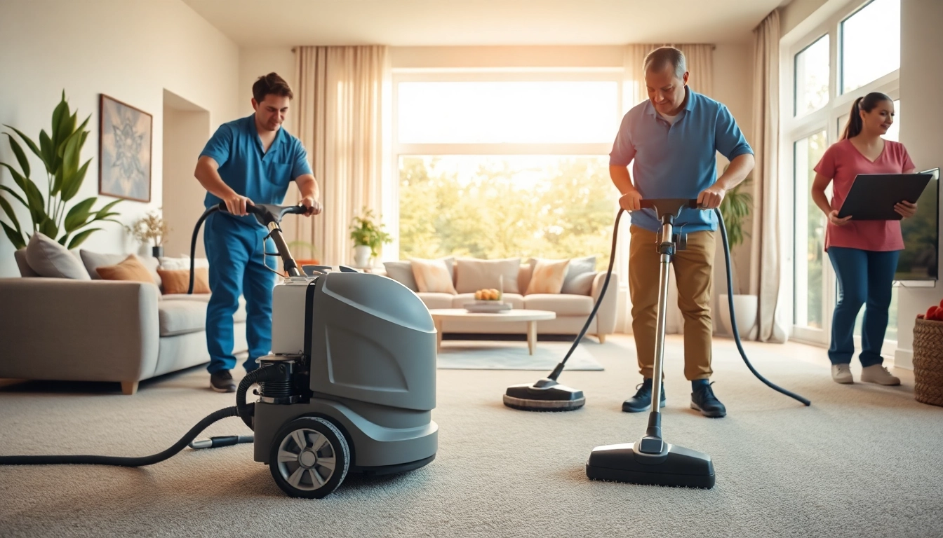 Local carpet cleaners using advanced techniques to refresh a living room carpet.