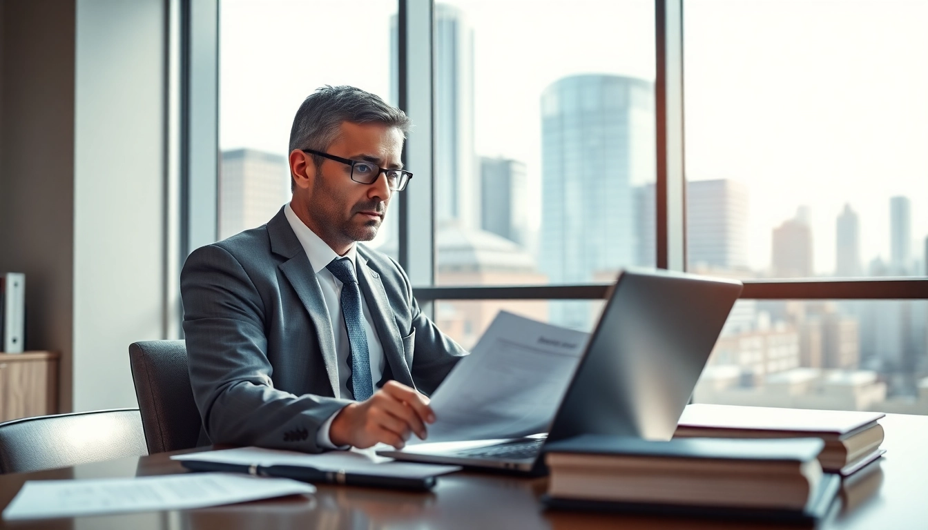 Eminent domain lawyer reviewing documents in a modern office, showcasing professionalism and focus.