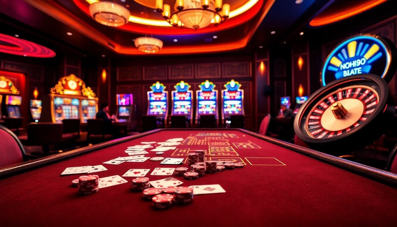 Experience the excitement of NOHU90 with vibrant casino elements featuring luxurious tables and slot machines.