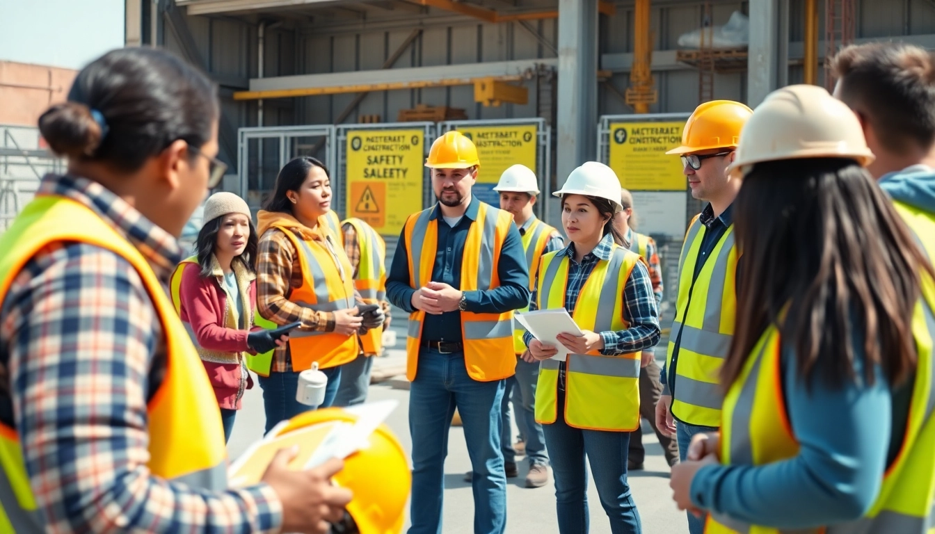 Engaging construction safety training with diverse participants learning new safety protocols on a construction site.