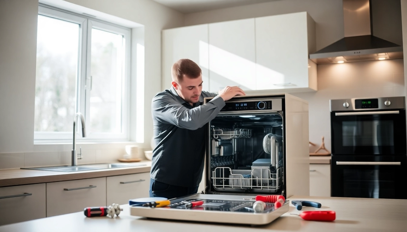Expert performing BOSCH dishwasher repair in a well-lit modern kitchen.
