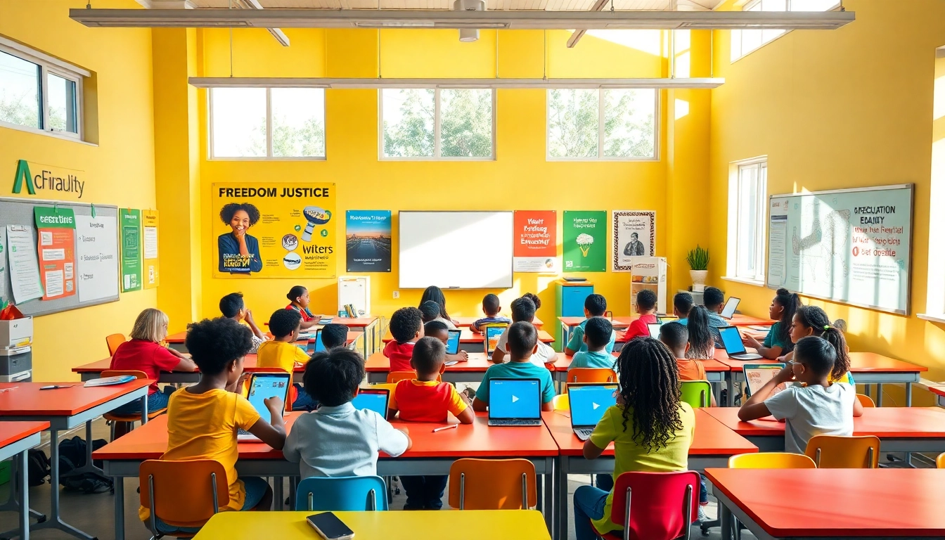 Education scene showing diverse students collaborating in a modern classroom, promoting equity and innovation.