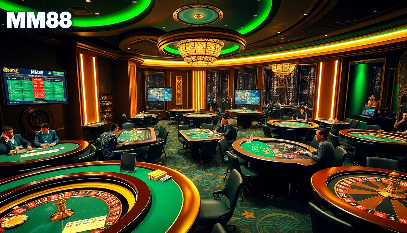 Players enjoying a luxurious online casino experience at MM88 with poker chips and gaming tables.
