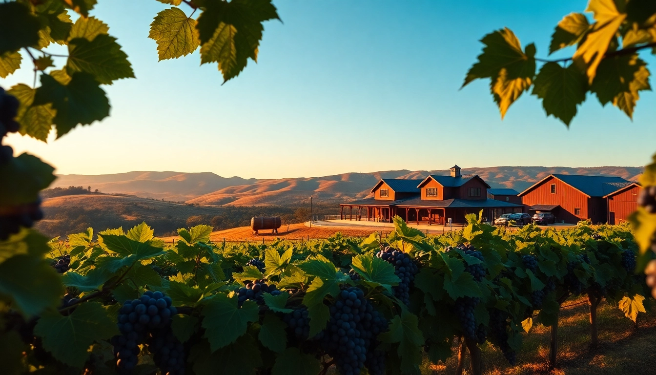 Captivating view of clarksburg wineries featuring lush vineyards and rustic buildings, inviting wine enthusiasts.