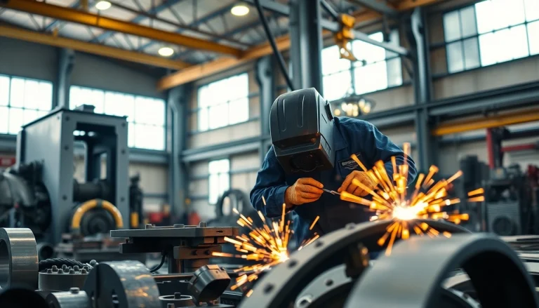 Workers expertly shaping metal in a steel fabrication shop, showcasing craftsmanship.