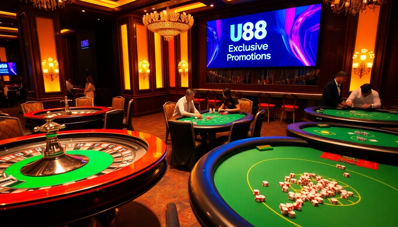 A thrilling U88 gambling scene featuring luxurious casino tables, roulette, and excited players.