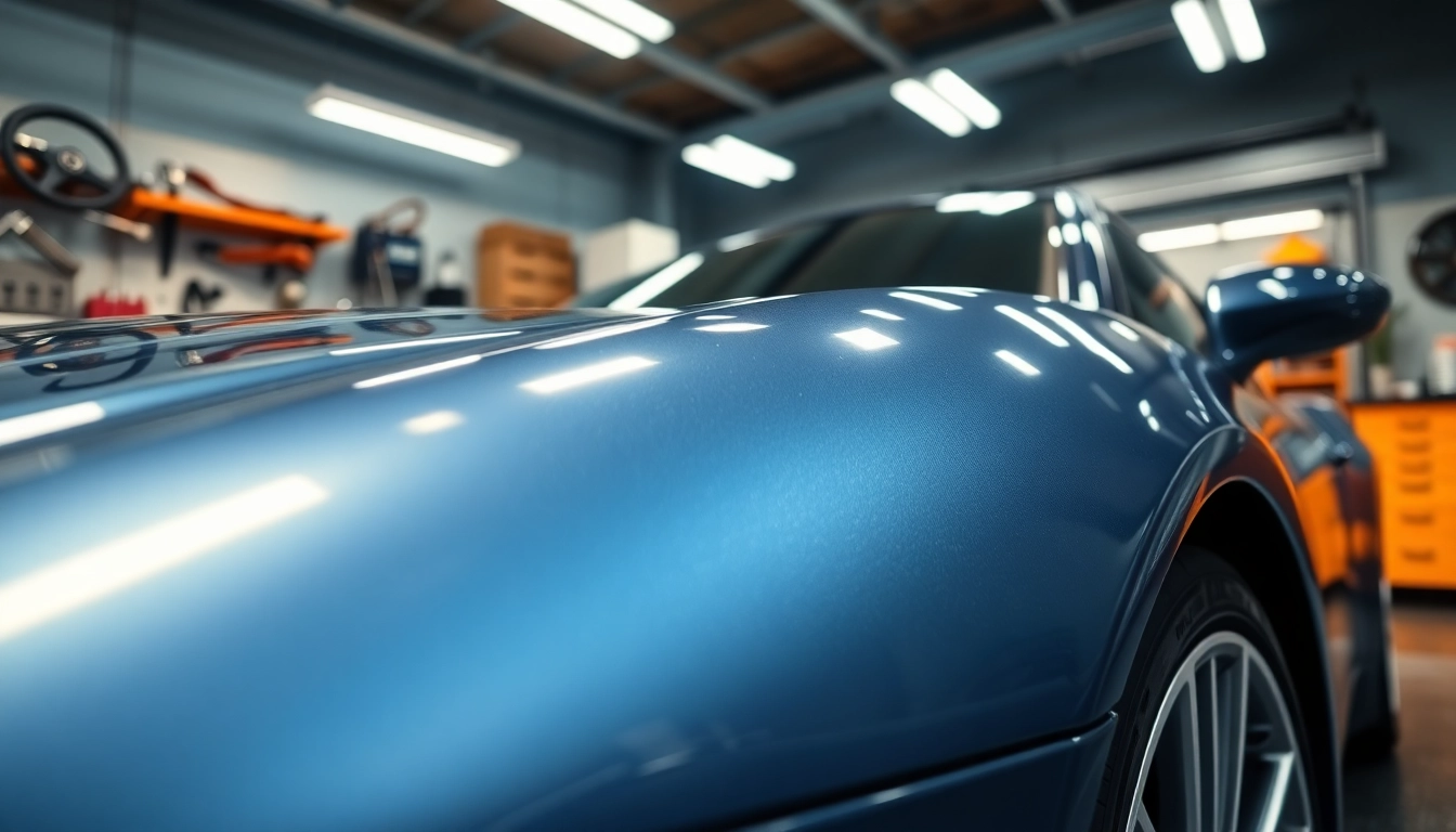 Showcasing expertly applied paint protection film near me on a glossy vehicle in a professional garage.