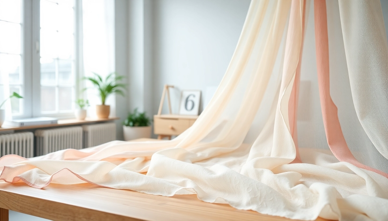 Bekijk de luxe voile stof met verschillende kleuren en texturen op een houten tafel.