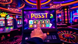 Pemain online yang antusias merasakan kegembiraan slot deposit pulsa dengan grafis kasino berwarna.