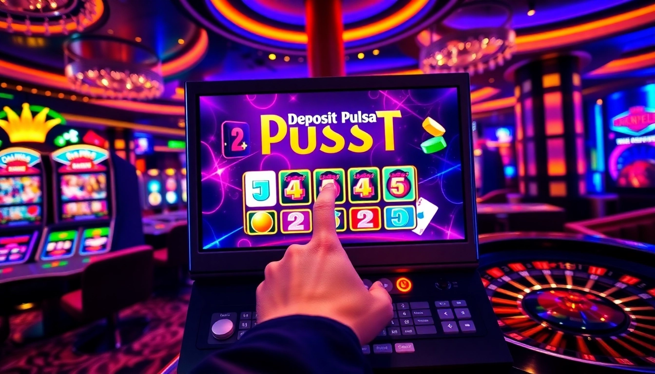 Pemain online yang antusias merasakan kegembiraan slot deposit pulsa dengan grafis kasino berwarna.