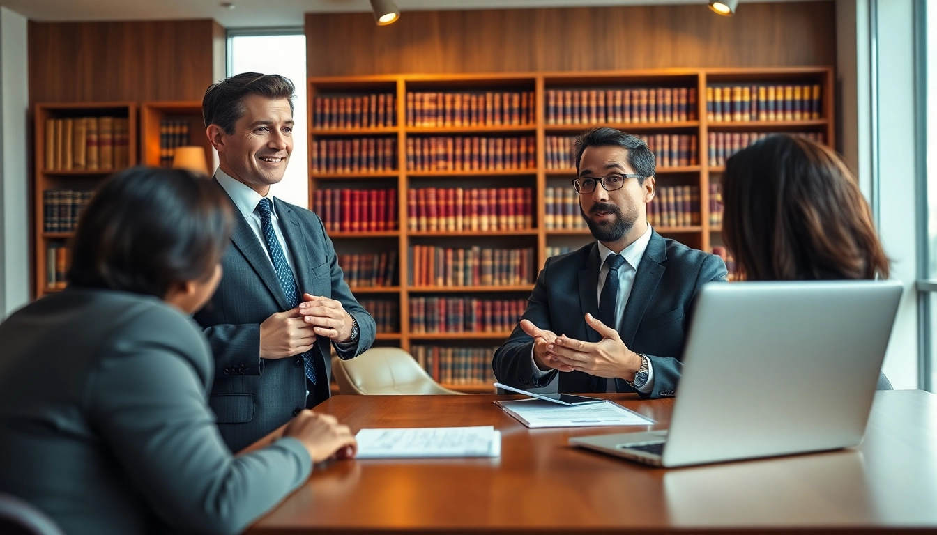 Intellectual property lawyer consulting clients in an elegant office environment.