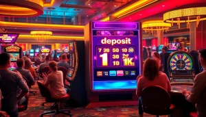Pemain merayakan kemenangan besar di kasino yang berwarna-warni dengan slot deposit 1k ditampilkan secara menonjol pada mesin slot modern.
