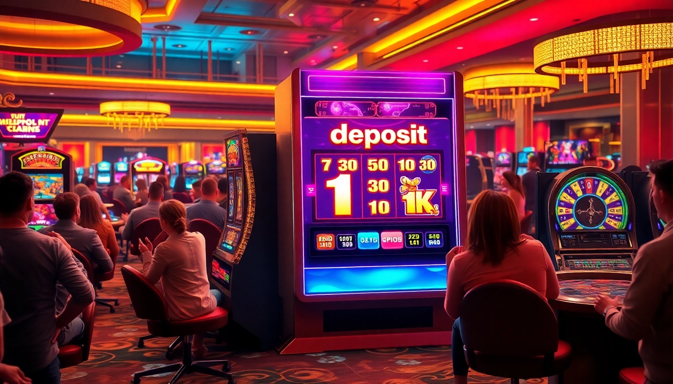 Pemain merayakan kemenangan besar di kasino yang berwarna-warni dengan slot deposit 1k ditampilkan secara menonjol pada mesin slot modern.