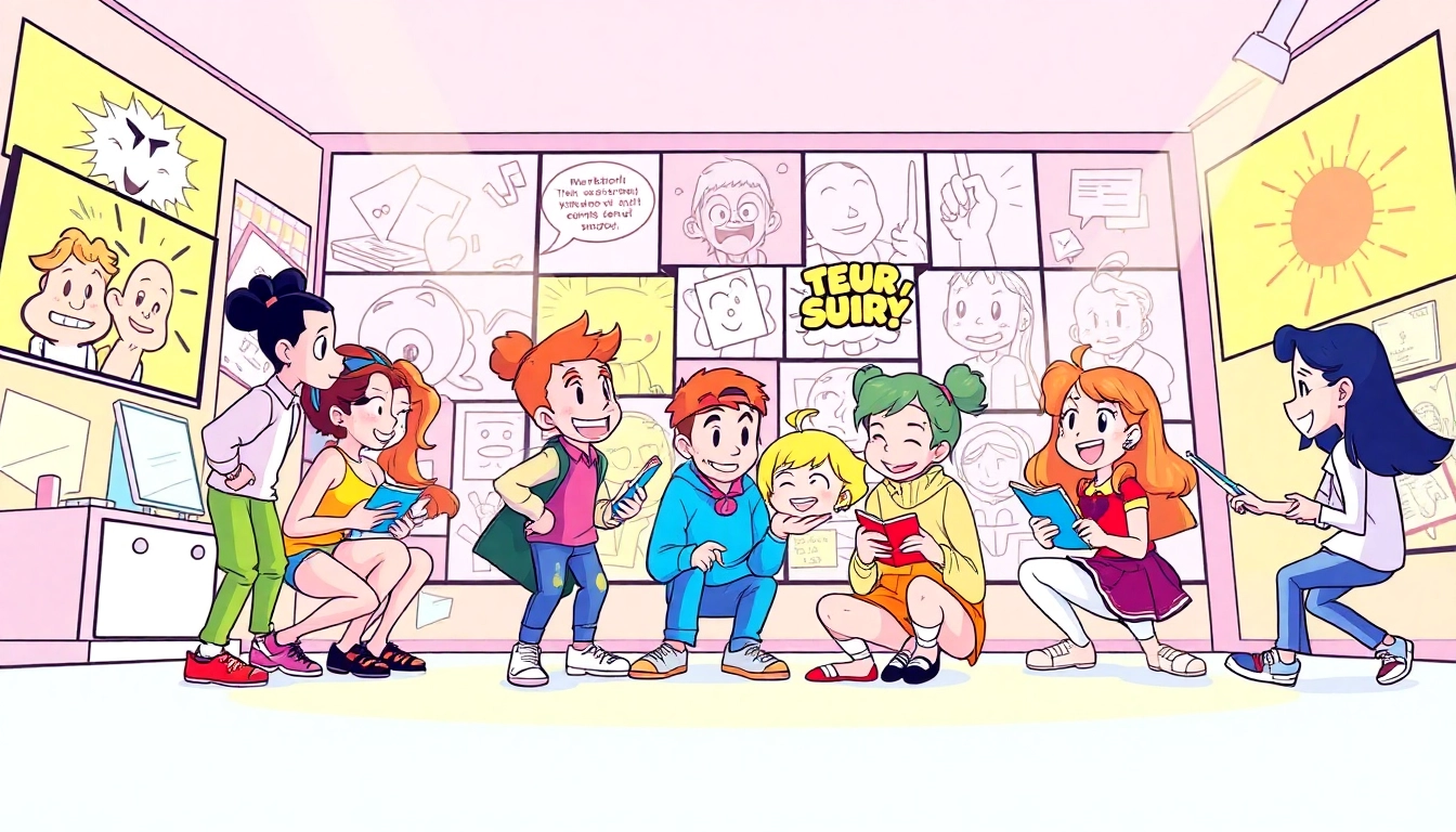 newtoki 웹툰 캐릭터들이 상호작용하는 생동감 넘치는 장면