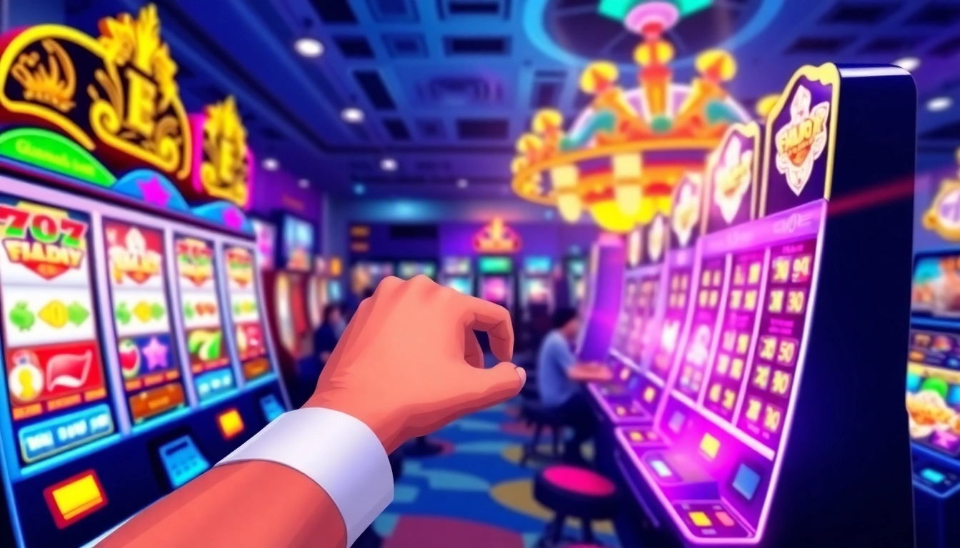 Menampilkan suasana slot depo 1k dengan mesin slot berwarna-warni dan pemain yang bersemangat.