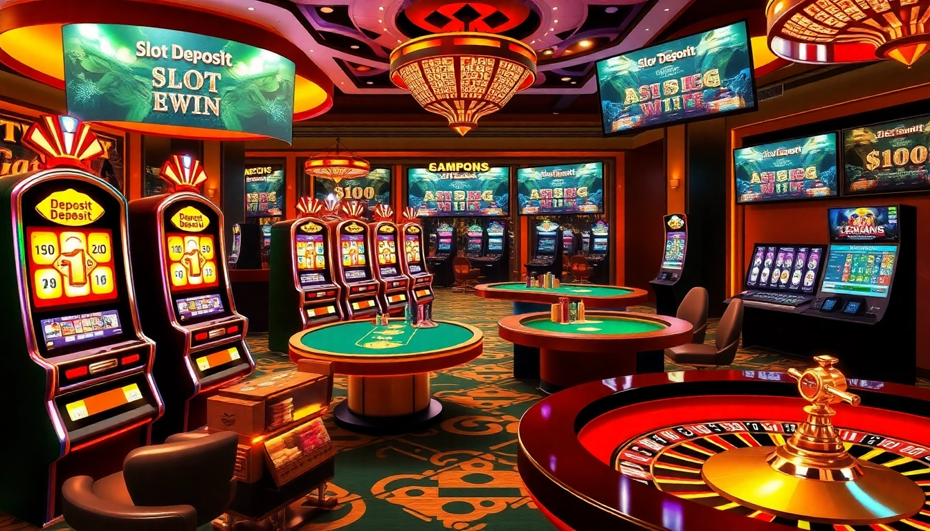 Engaging scene of slot deposit 1k action in a vibrant online casino filled with slot machines and poker tables.