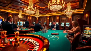 Players enjoy a thrilling game at the SC88 poker table in a glamorous casino setting.