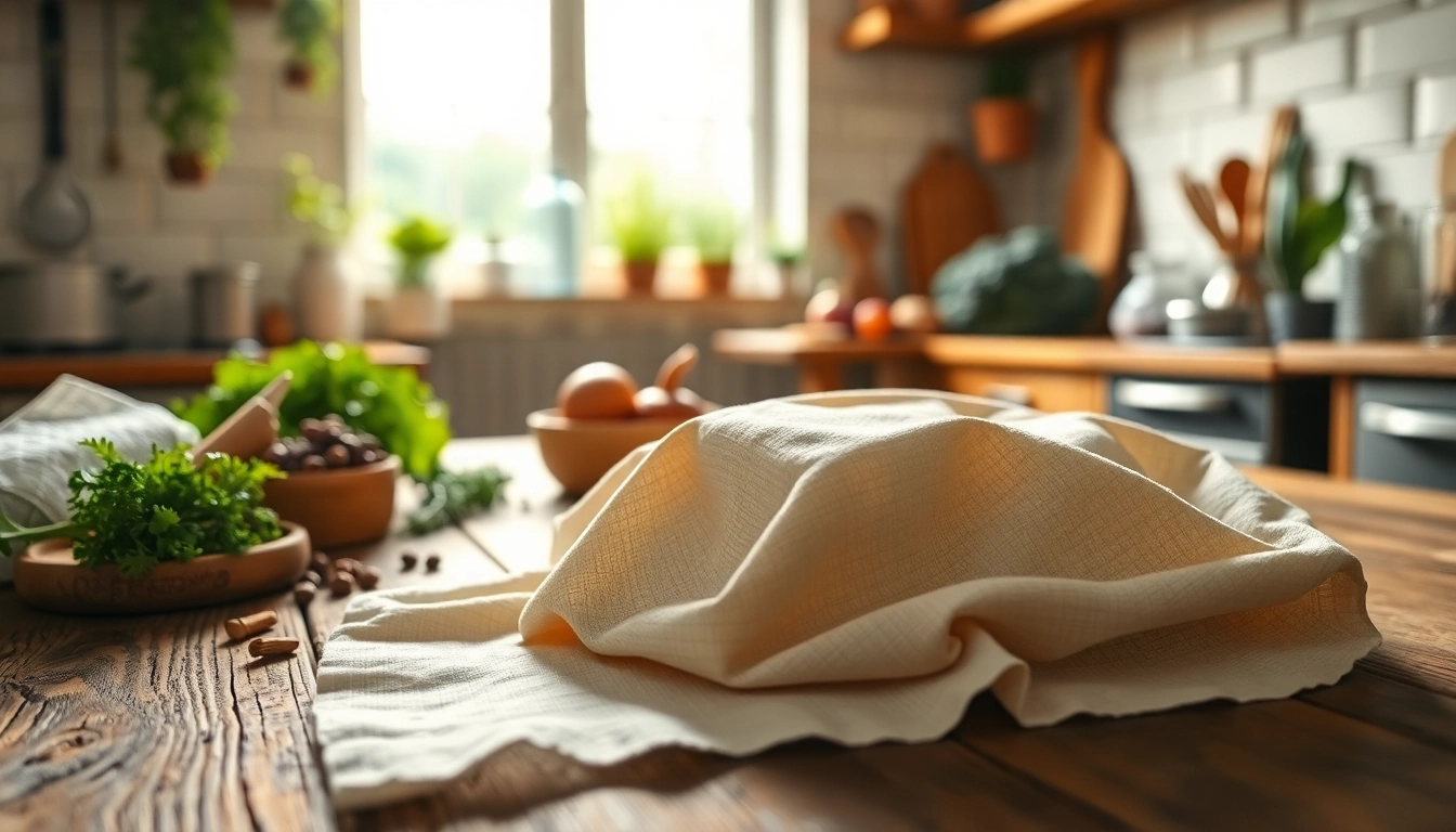 Kaasdoek en vers ingrediënts op een houten keuken tafel.