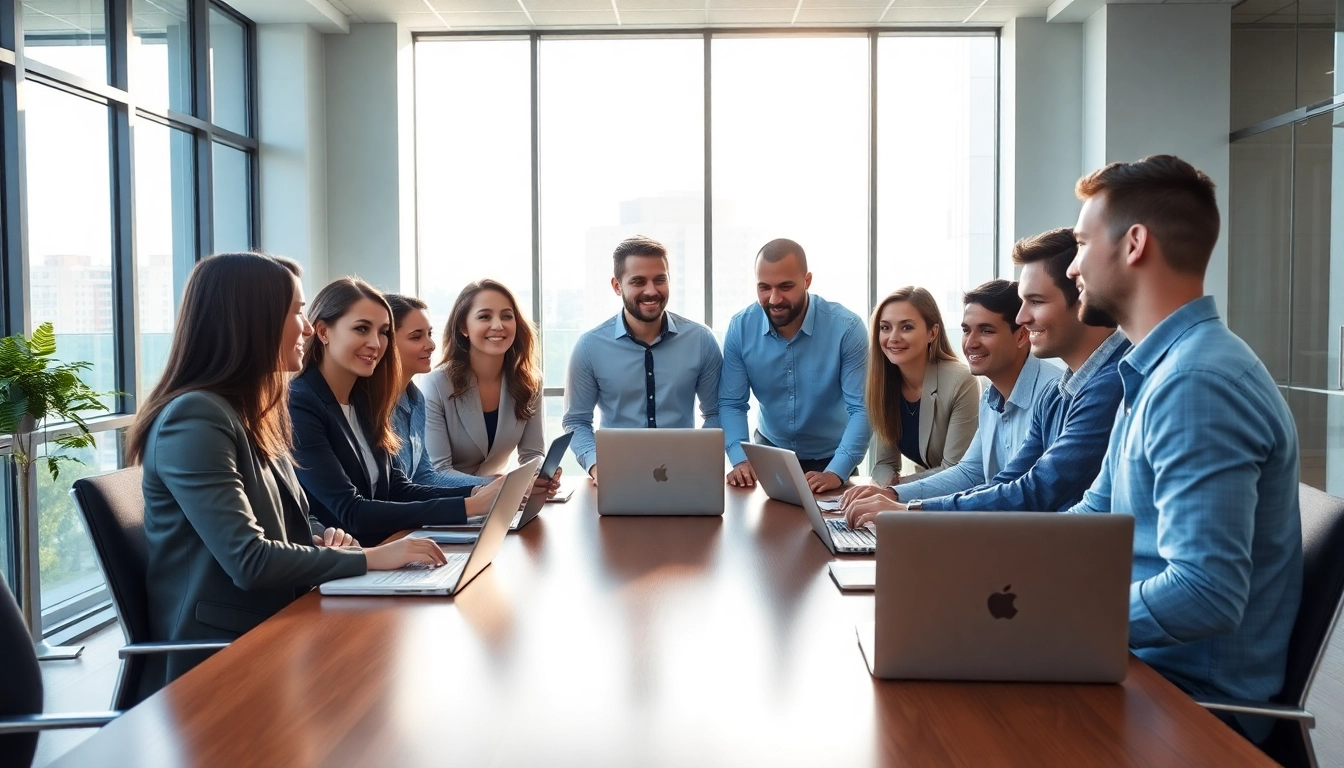 Engaged sales recruiting platform professionals collaborating in a modern office setting.