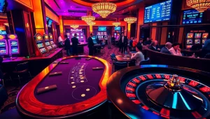 Players enjoying a dynamic experience at BK8TH casino tables with vibrant atmosphere.