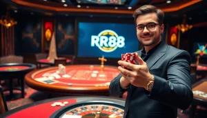 RR88 gambler winning with chips at a luxurious casino table filled with cards and dice.