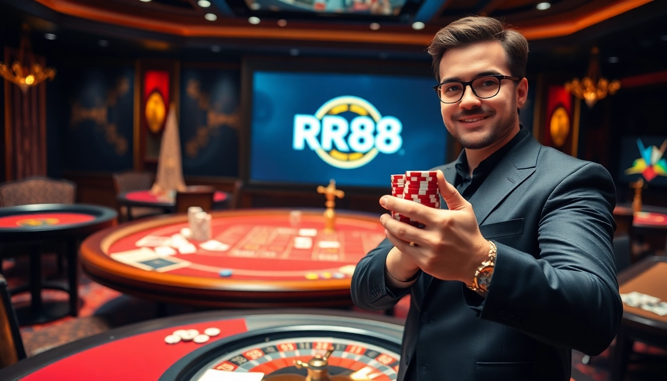 RR88 gambler winning with chips at a luxurious casino table filled with cards and dice.