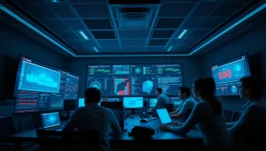 Cybersecurity AI professionals collaborating in a high-tech operations center, analyzing threat data.