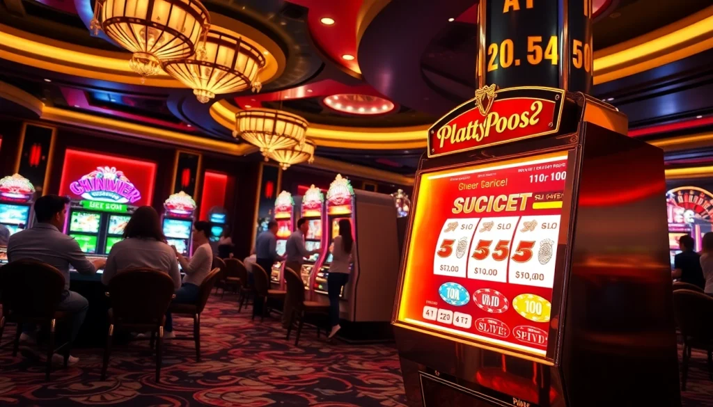 Para pemain menang besar di mesin slot deposit pulsa dalam suasana kasino yang hidup.