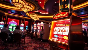 Para pemain menang besar di mesin slot deposit pulsa dalam suasana kasino yang hidup.