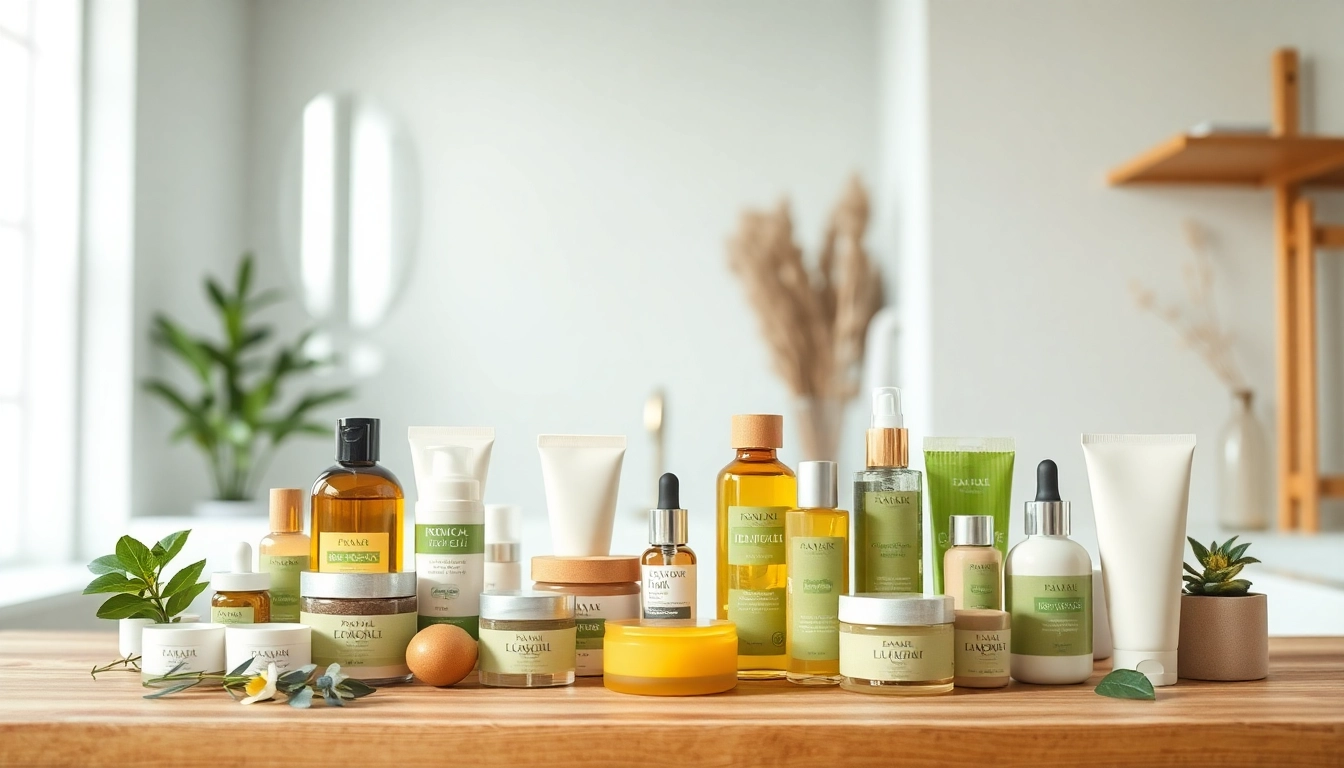 Natūrali kosmetika iš ekologiškų produktų, švelniai eksponuojama ant medinio stalviršio.