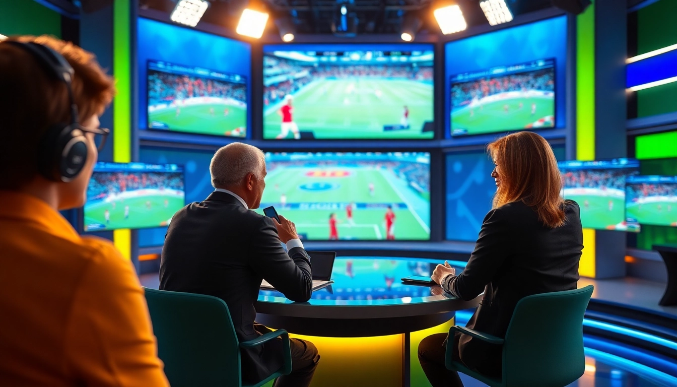 Sports Broadcasting hosts discuss live events in an engaging studio with vibrant screens.