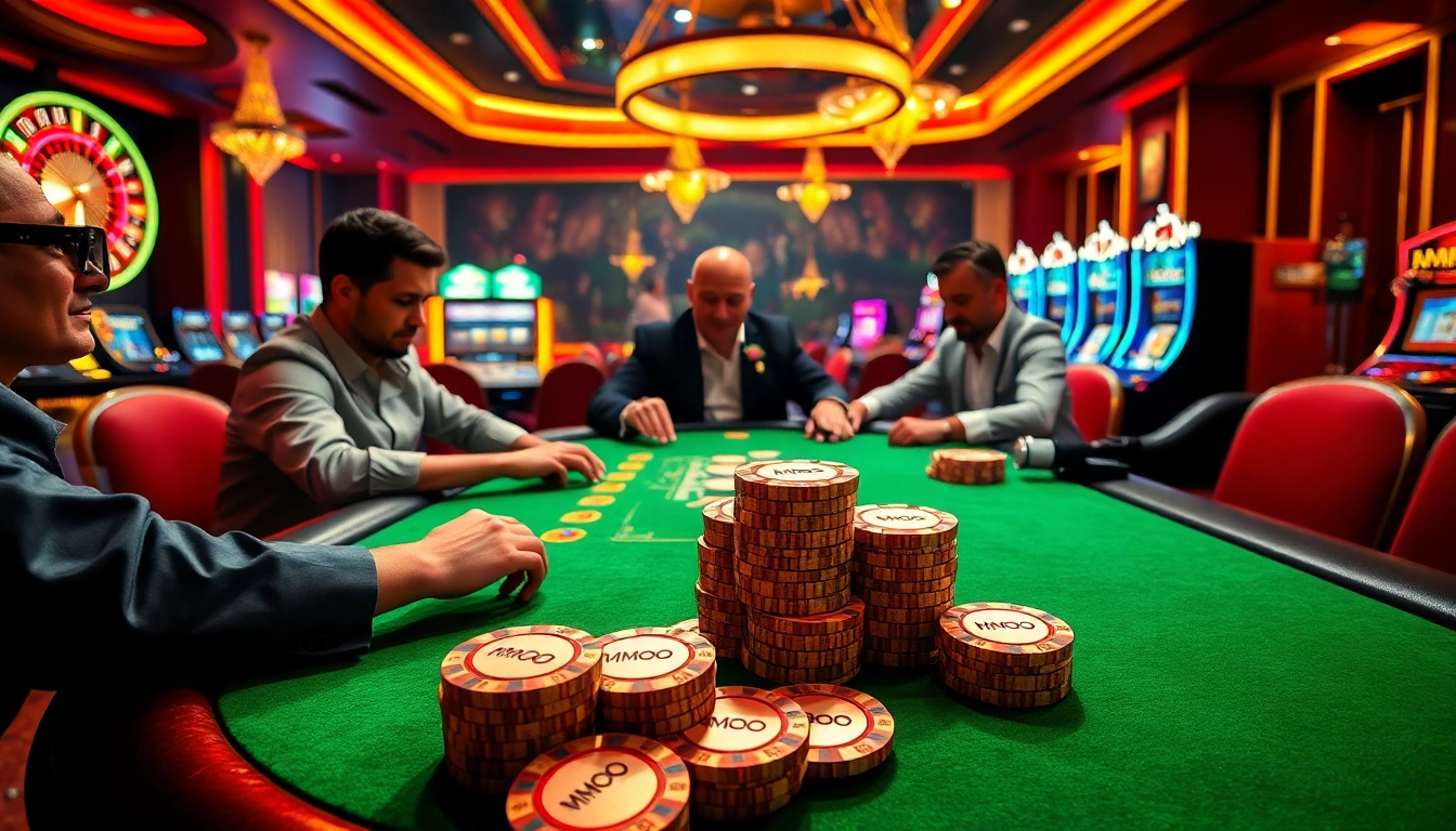 MMOO casino scene depicting poker players at a luxurious table with vibrant chips.