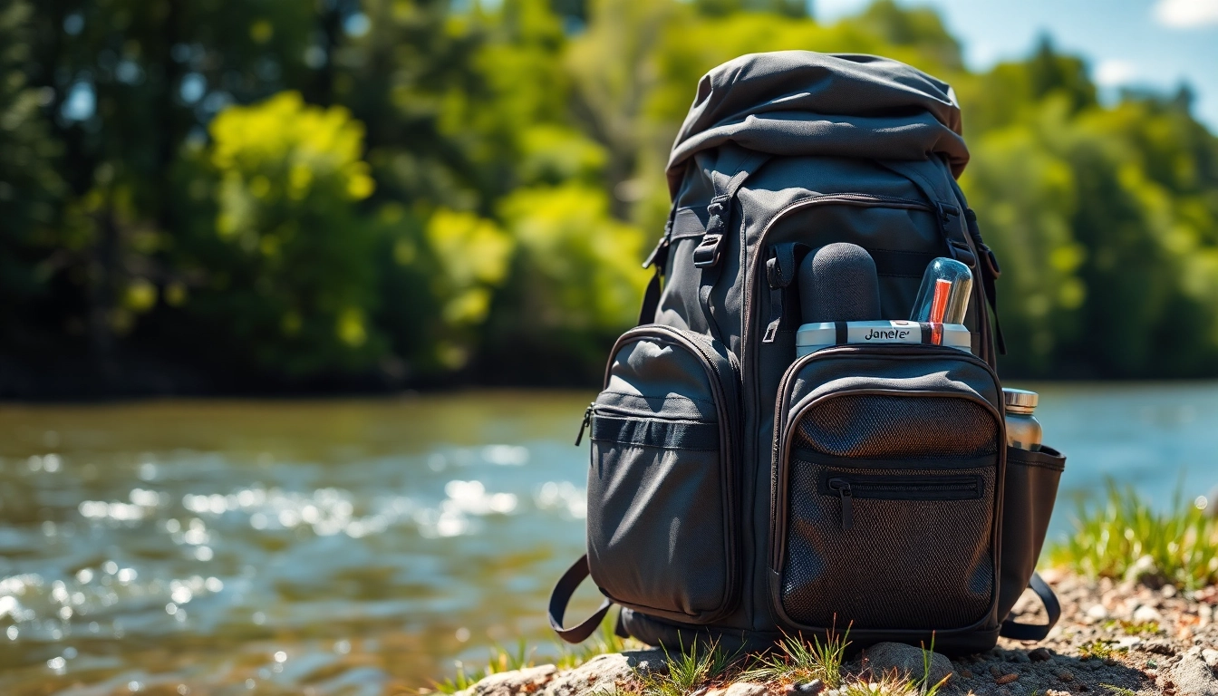 Showcase a fly fishing backpack near a river, highlighting its features for anglers.
