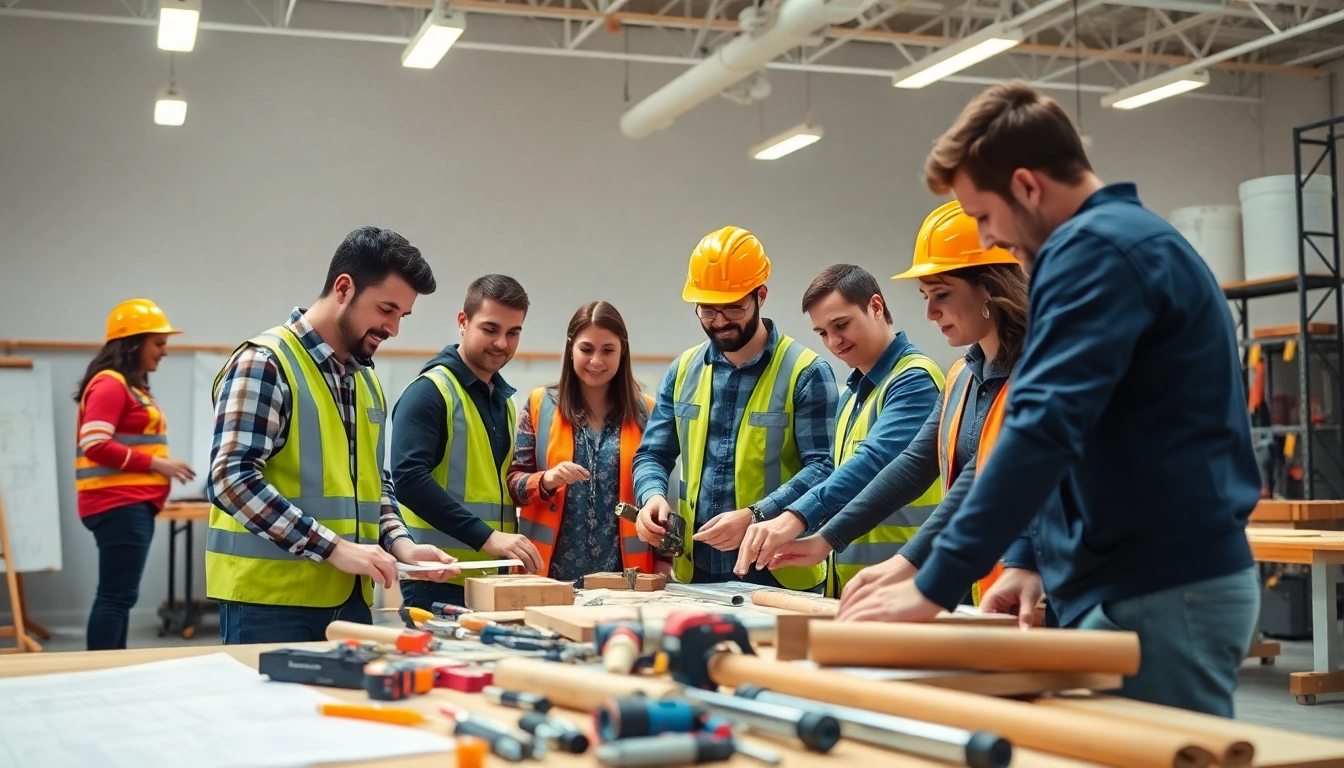 Empowered individuals in construction training programs using tools and collaborating effectively.