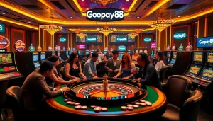 Experience the thrill of Gopay88 with players engaged at a vibrant casino table, surrounded by exciting slot machines.