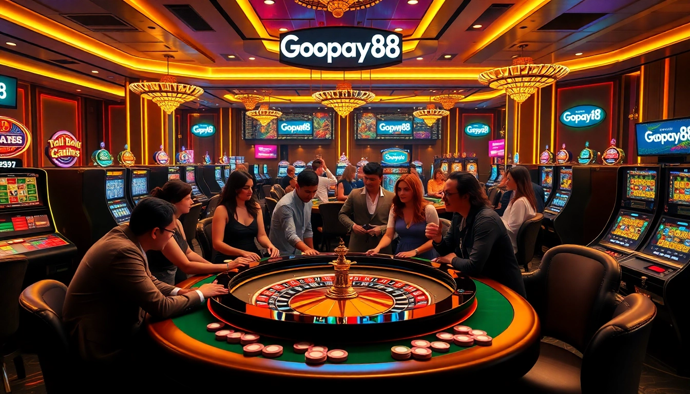 Experience the thrill of Gopay88 with players engaged at a vibrant casino table, surrounded by exciting slot machines.