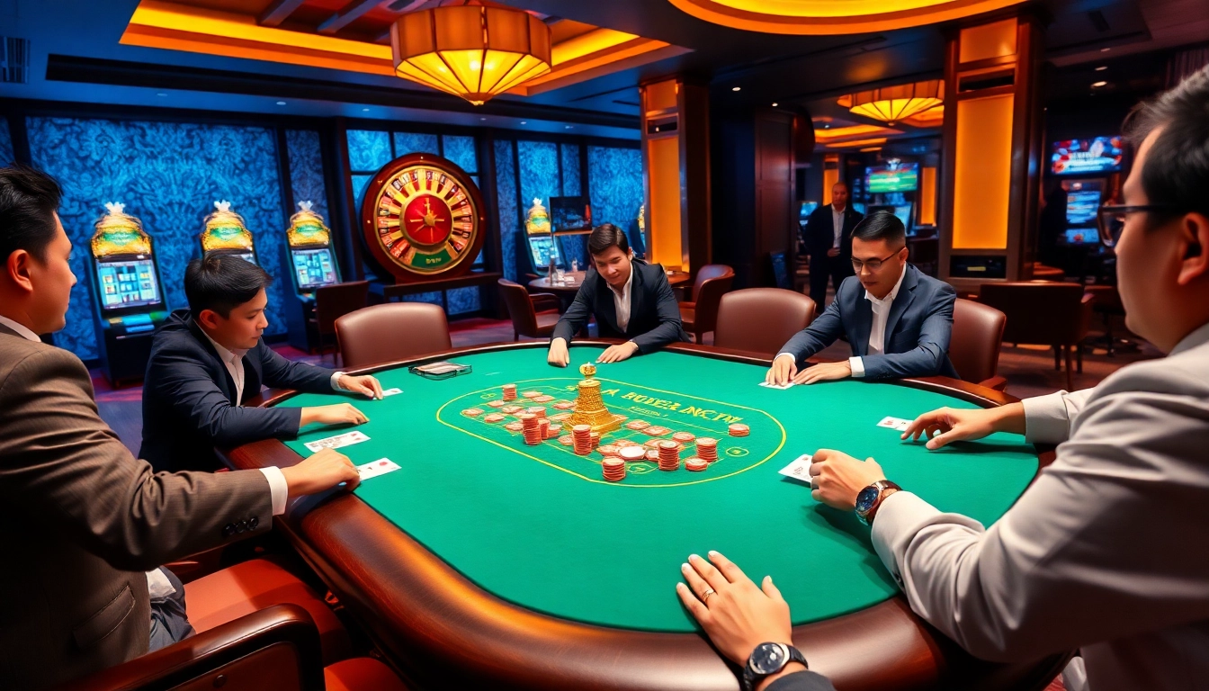 Experience the excitement at MM88's luxurious casino scene with vibrant poker tables and engaging players.