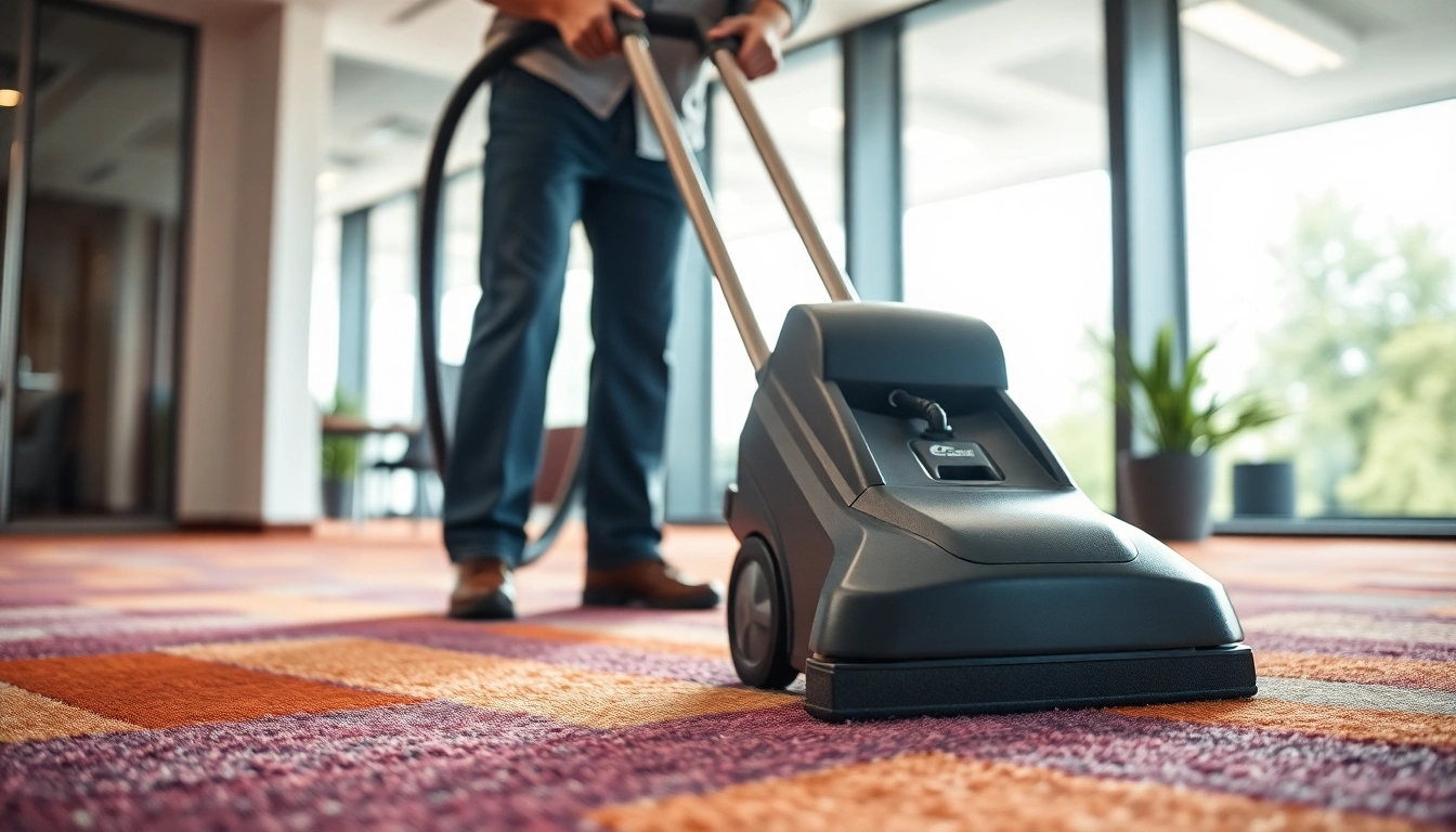 Engaging commercial carpet cleaning technician at work in a modern office.